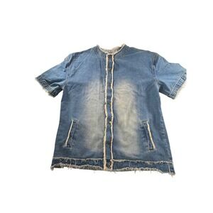 Manfinity XXL Distressed Denim SS Jacket Snap Front Frayed Trim Blue Jean Shirt